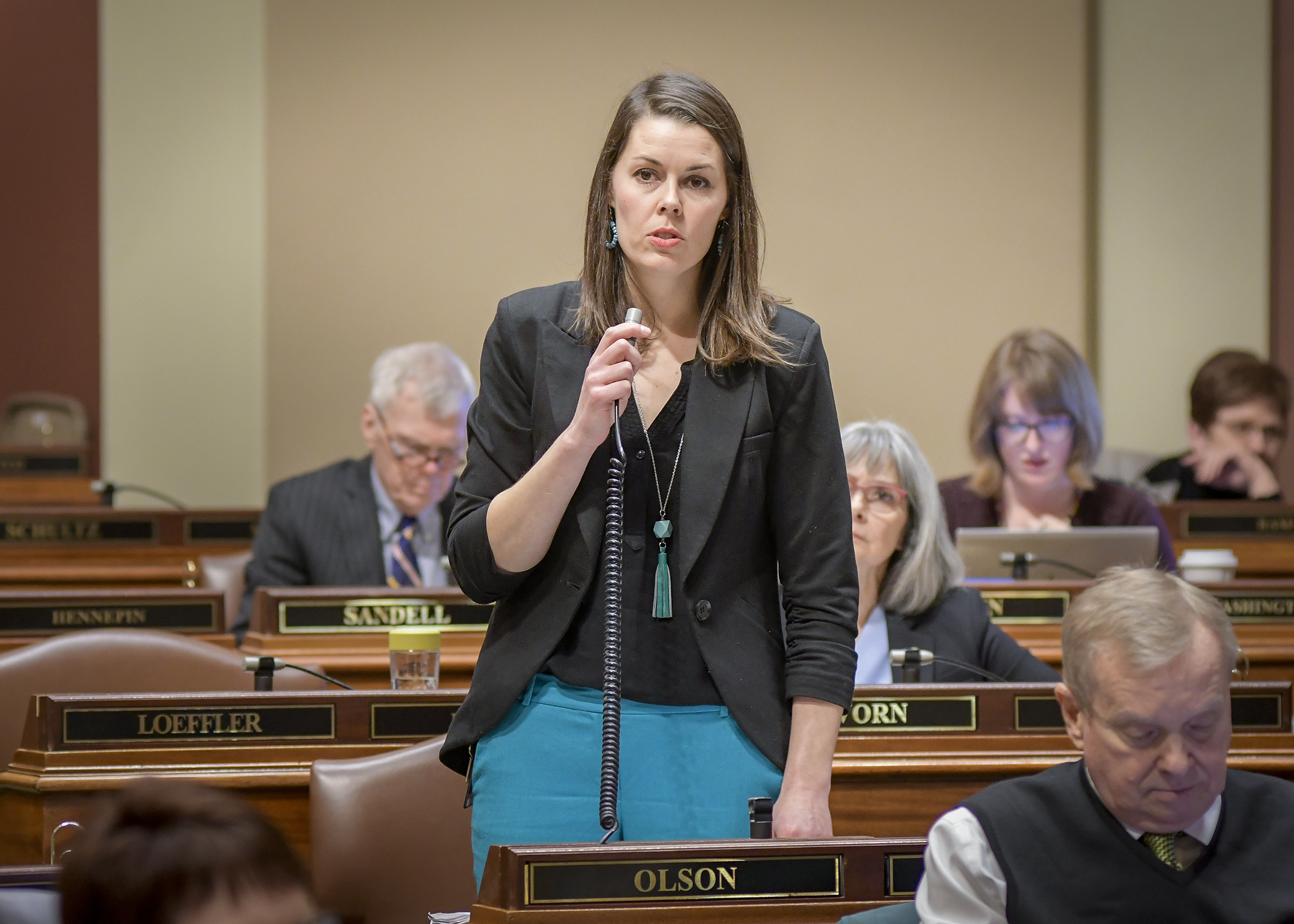 Rep. Liz Olson presents HF400 on the House Floor March 18. The bill would, in part, establish an opioid stewardship advisory council, opioid stewardship fund and opiate product registration fee. Photo by Andrew VonBank